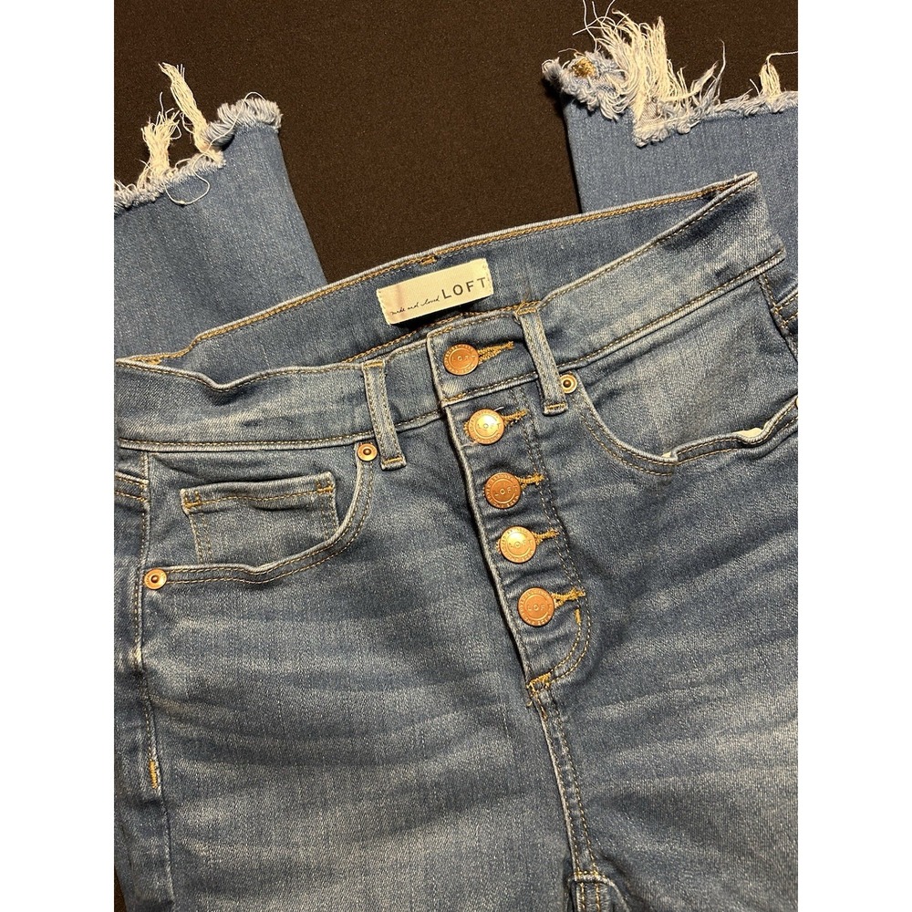 LOFT Denim Kick Crop Jeans High Rise Button Fly Raw Hem Distressed Blue 0/25